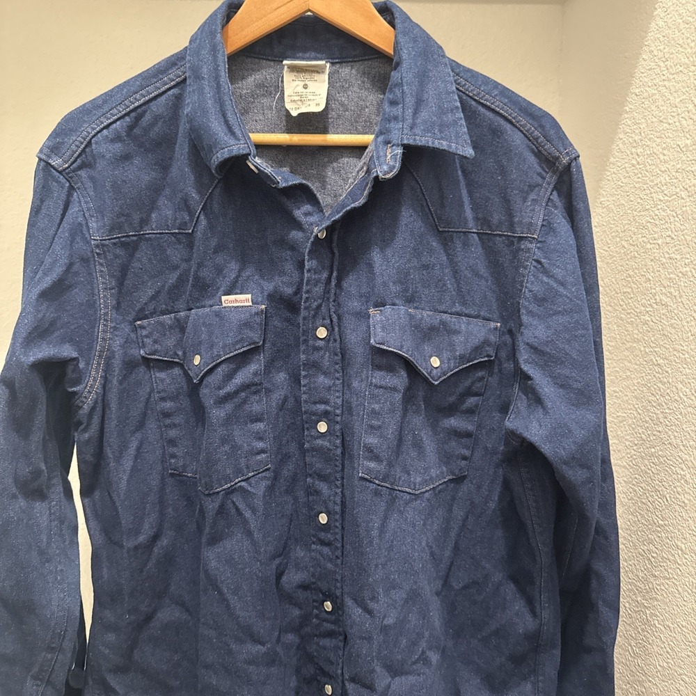 VTG Carhartt Shirt Mens XL Blue Denim Pearl Snap Western Work Made in USA 90s
